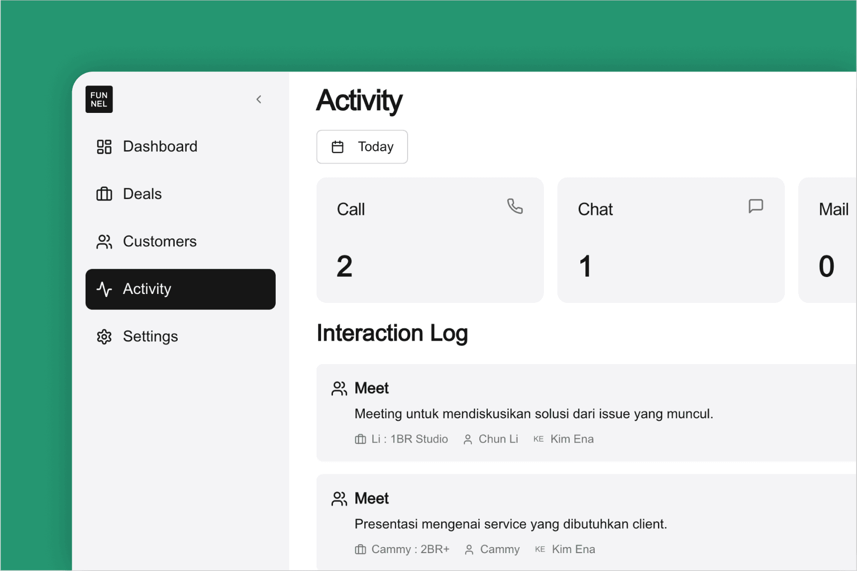 FUNNEL app activity screen showing interaction log for calls, chats, and meetings.